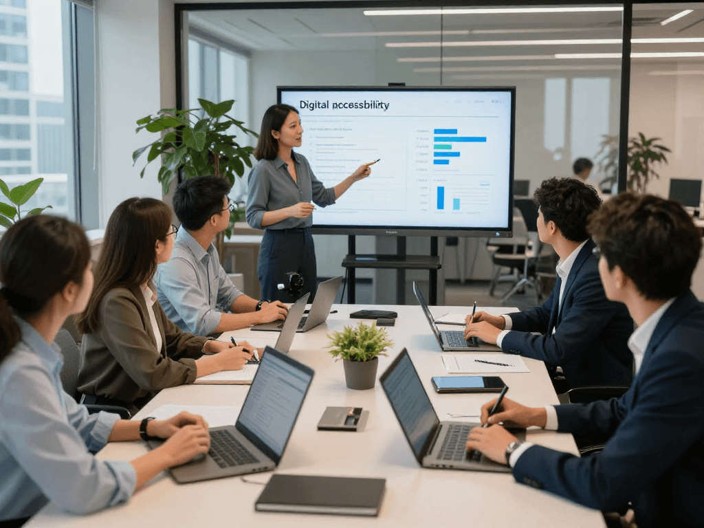 Branchenlösungen – Übersicht: Team bei MUNAS Consulting diskutiert über Datenschutzstrategien und Barrierefreiheit in modernen Büros.