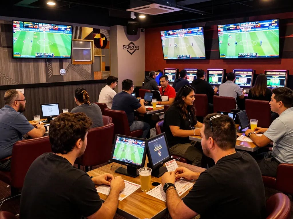 Engaging sports betting scene showing tỷ lệ kèo nhà cái being analyzed amidst passionate fans
