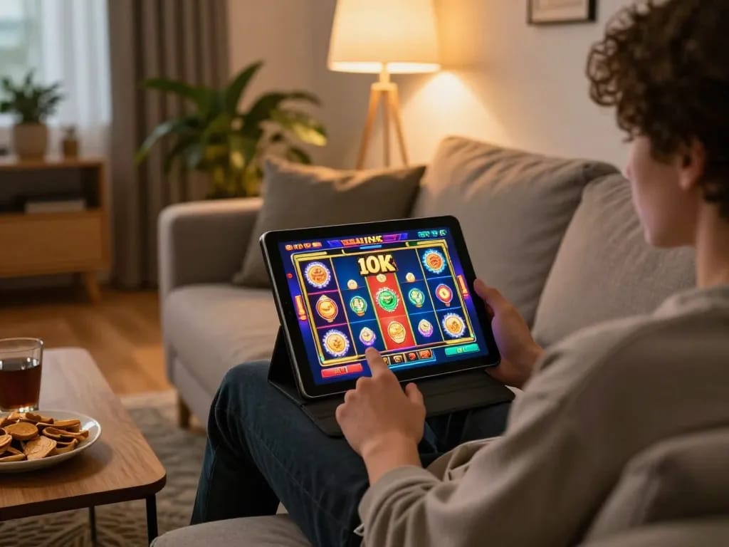 Engaging in online slot 10k gameplay on a tablet in a cozy home setting.