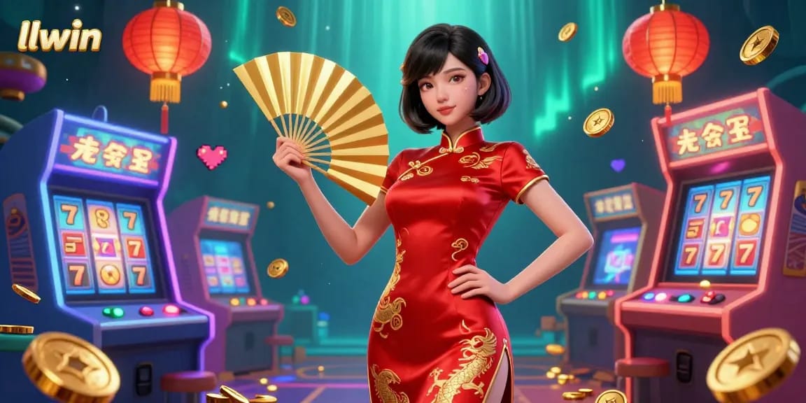 Play at llwin for exciting games, illustrated by a vibrant scene with a radiant woman surrounded by slot reels and gold coins.