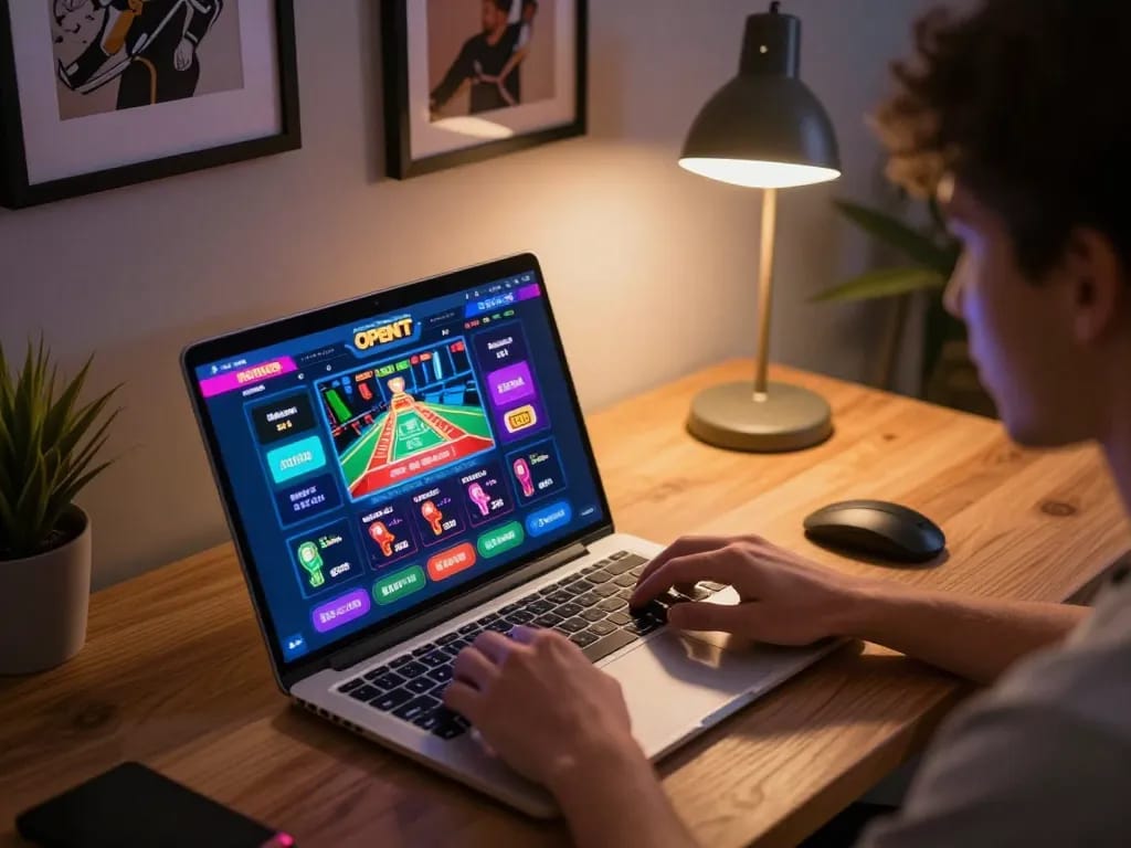 Engaging in online gaming at OPEN88 casino from a modern home setup, showcasing vibrant interface and cozy atmosphere