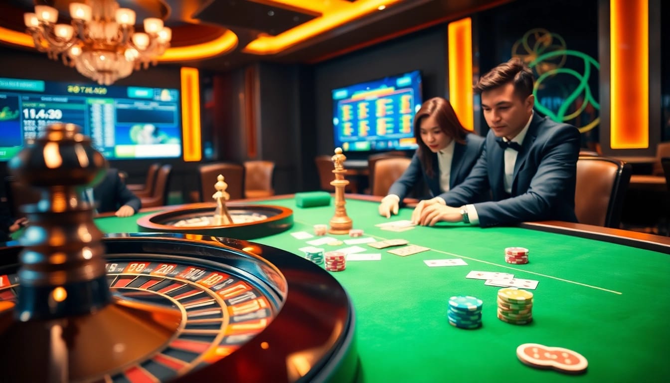 Engage in game bài 68win at a vibrant casino table filled with poker chips and cards.