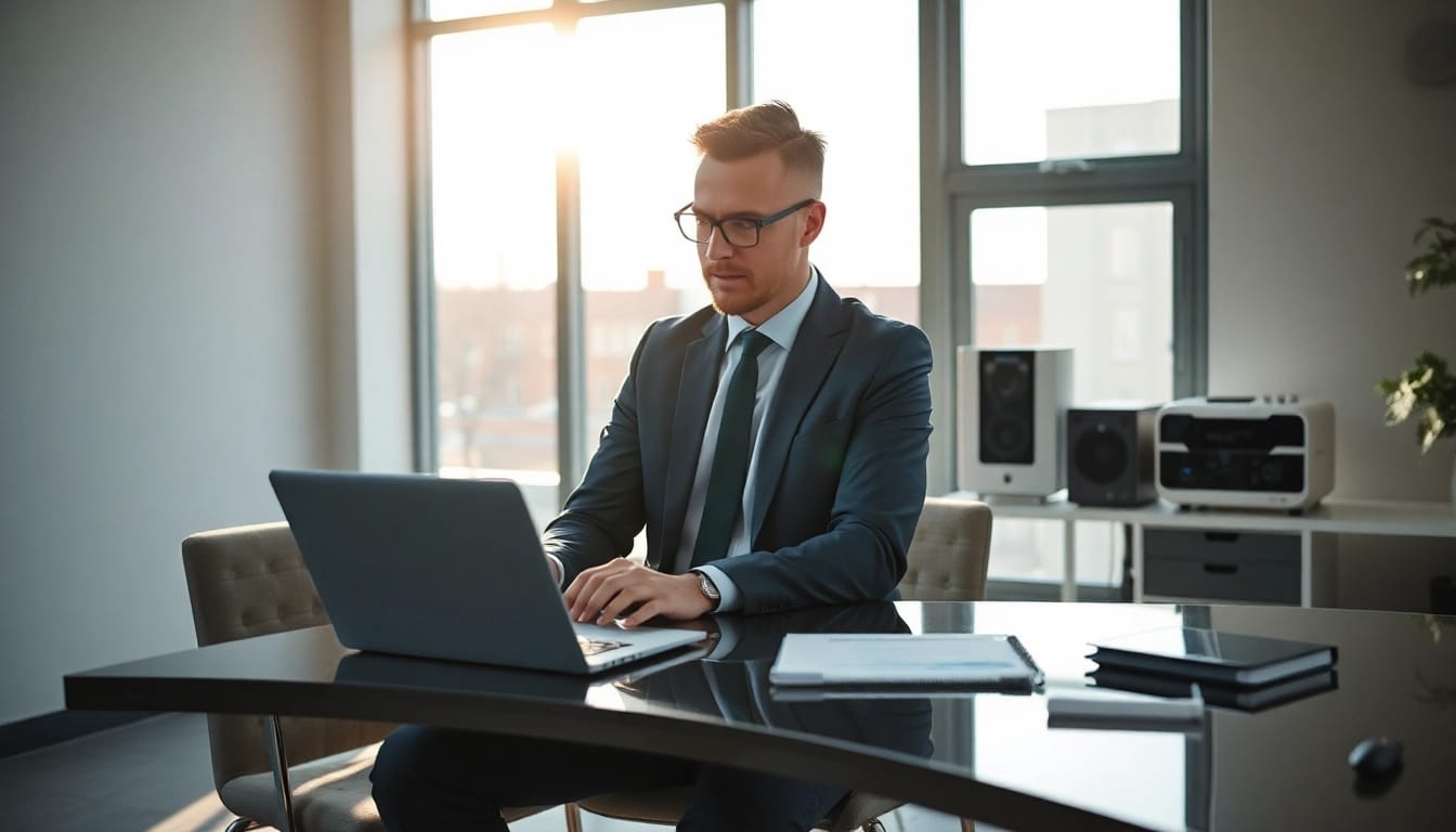 Headhunter IT berät vor einem Laptop in einem modernen Büro.