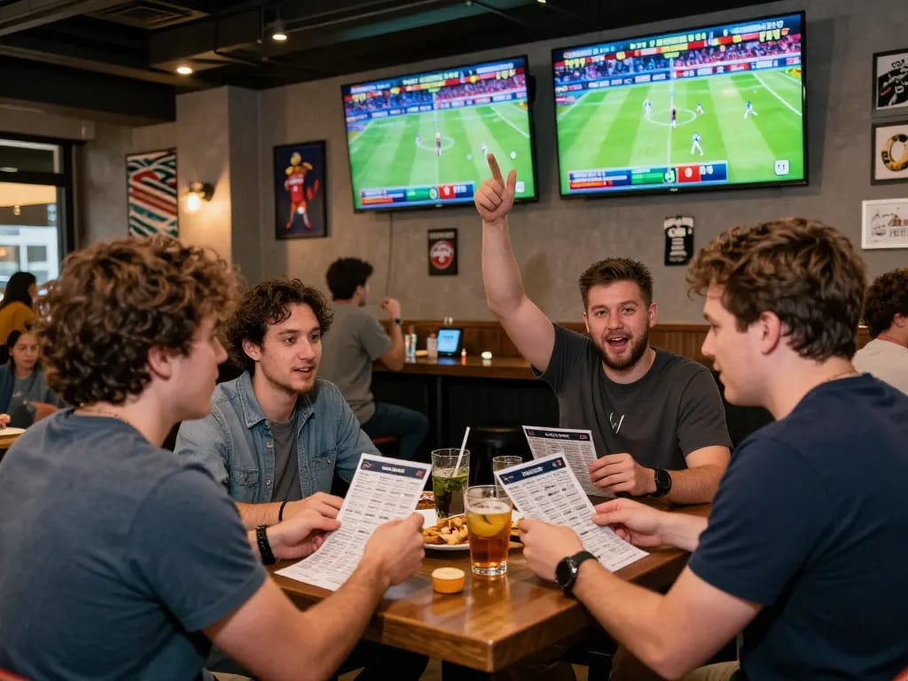 Excited patrons at sportpoolfocus enjoying live sports betting with screens showing game updates.