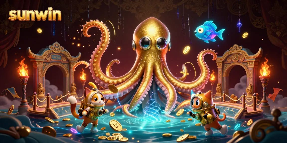 Engage with sunwin's enchanting world featuring a colossal kraken and a diving cat in a dynamic casino environment.