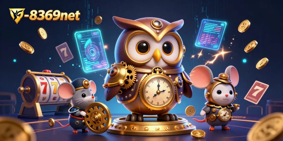 Engage with rg-8369net's dynamic casino atmosphere, featuring an owl in steampunk gear and vibrant gambling elements.