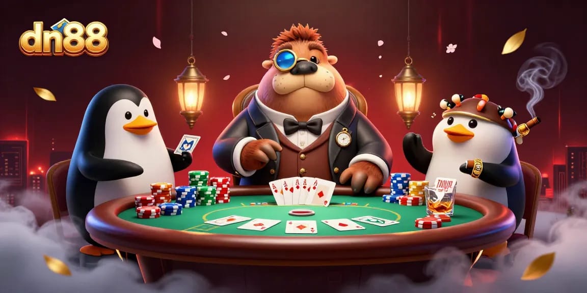 Play poker with dn88 as a walrus in Victorian attire at an underwater casino table.