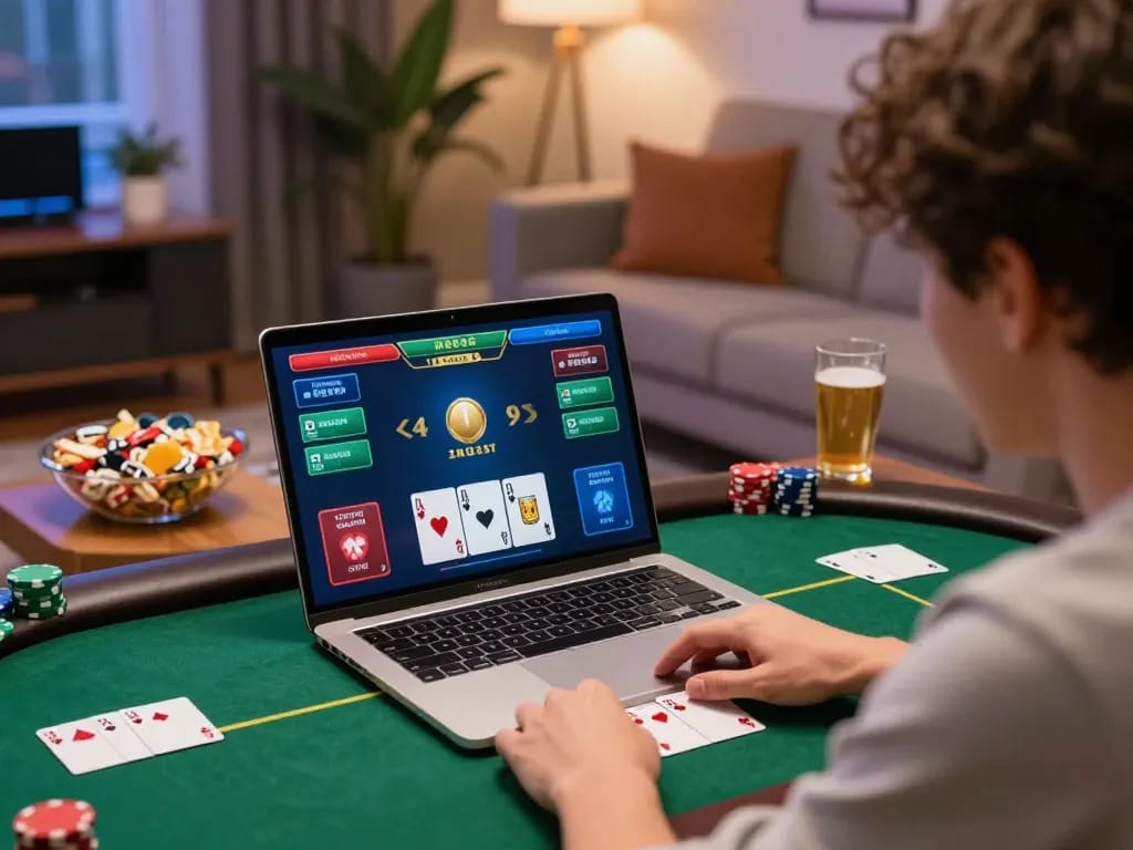 Player engaging in an online poker game at MB66 on a laptop in a cozy living room setting.