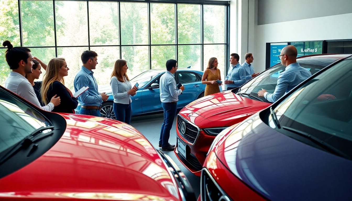 Auto kaufen in einem modernen Autohaus mit glücklichen Käufern und verschiedenen Fahrzeugmodellen.