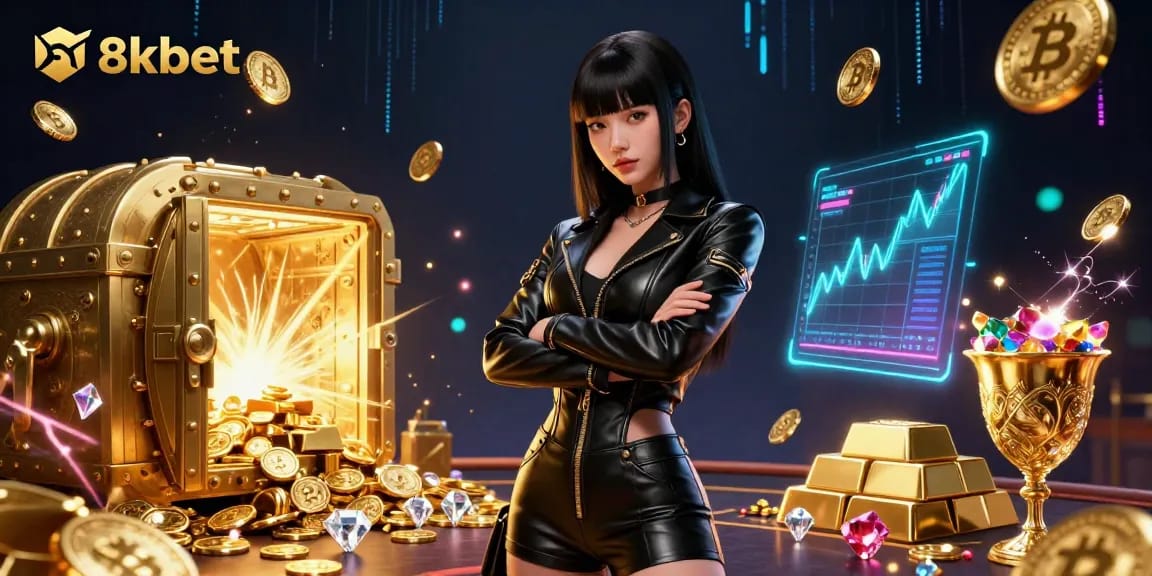 Engage with 8kbet's thrilling online casino experience surrounded by golden coins and dynamic game elements.