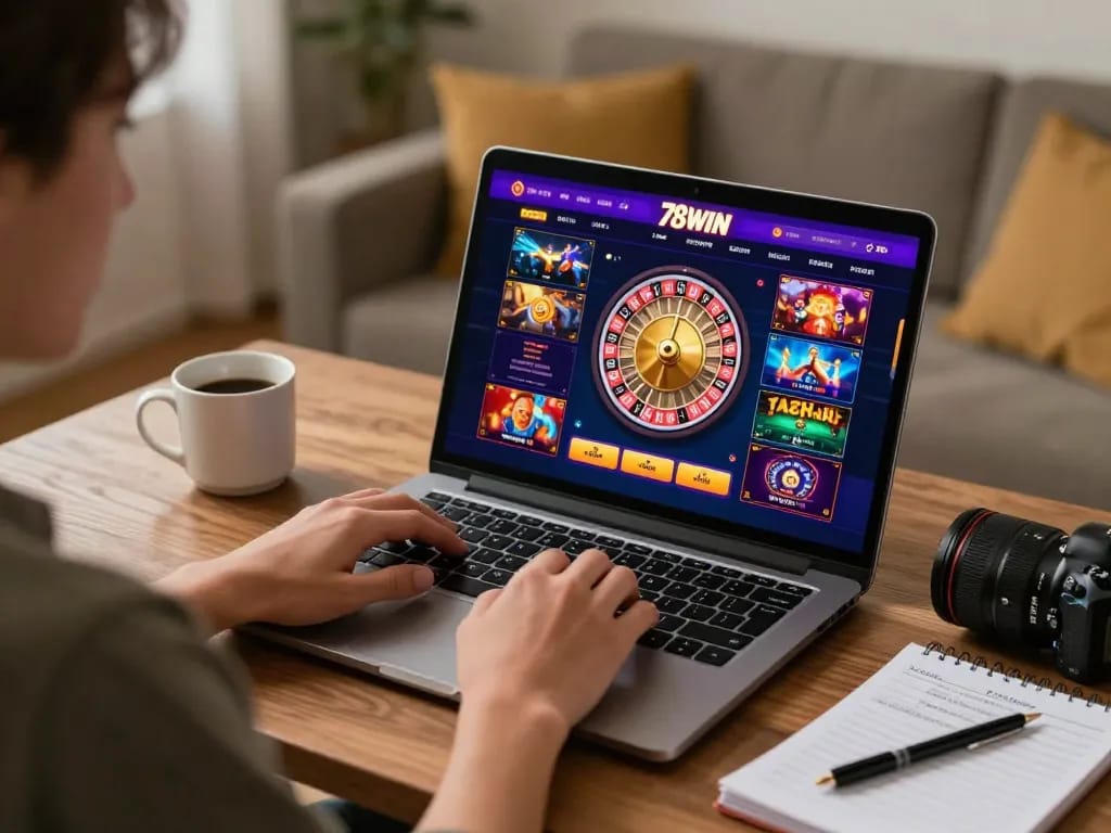 Engaging with the 78WIN online casino platform, enjoying a colorful digital roulette experience.