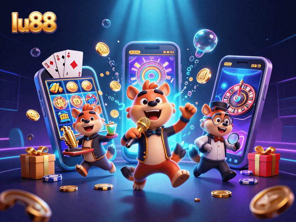 Enjoy thrilling experiences at lu88 casino with fun animated hyenas in a vibrant gambling scene.