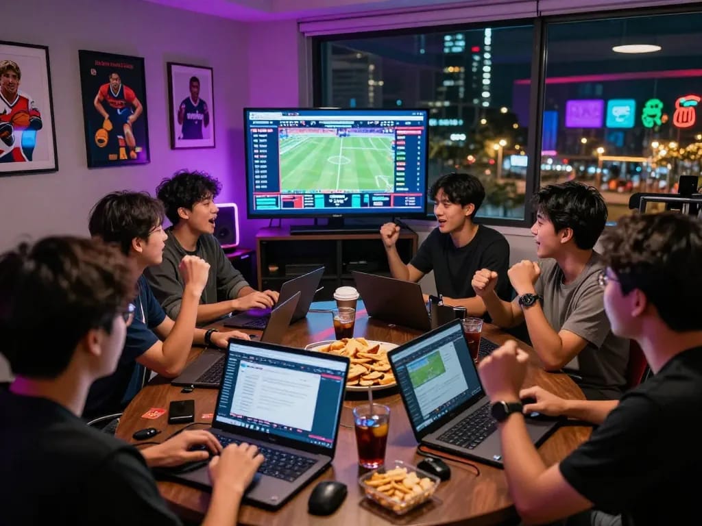 Exciting online betting scene with bong99 displayed on screens surrounded by enthusiastic friends.