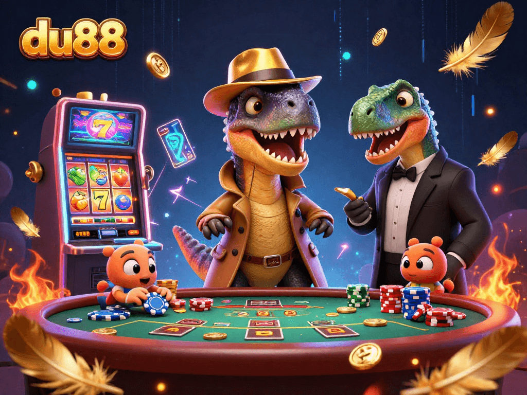 du88 casino scene featuring velociraptor card counter, suspicious pit boss, and a chip-stealing compy.