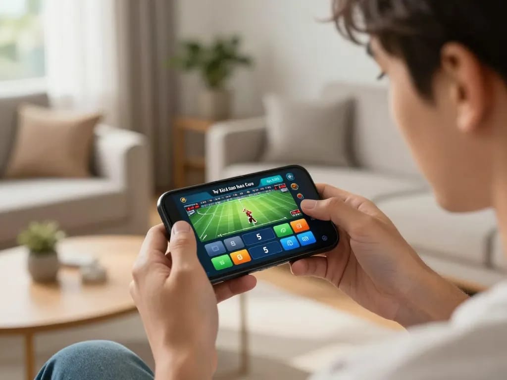 Person placing bets with tỷ lệ kèo nhà cái 5 on a smartphone in a cozy home setting, engaging in responsible gaming.