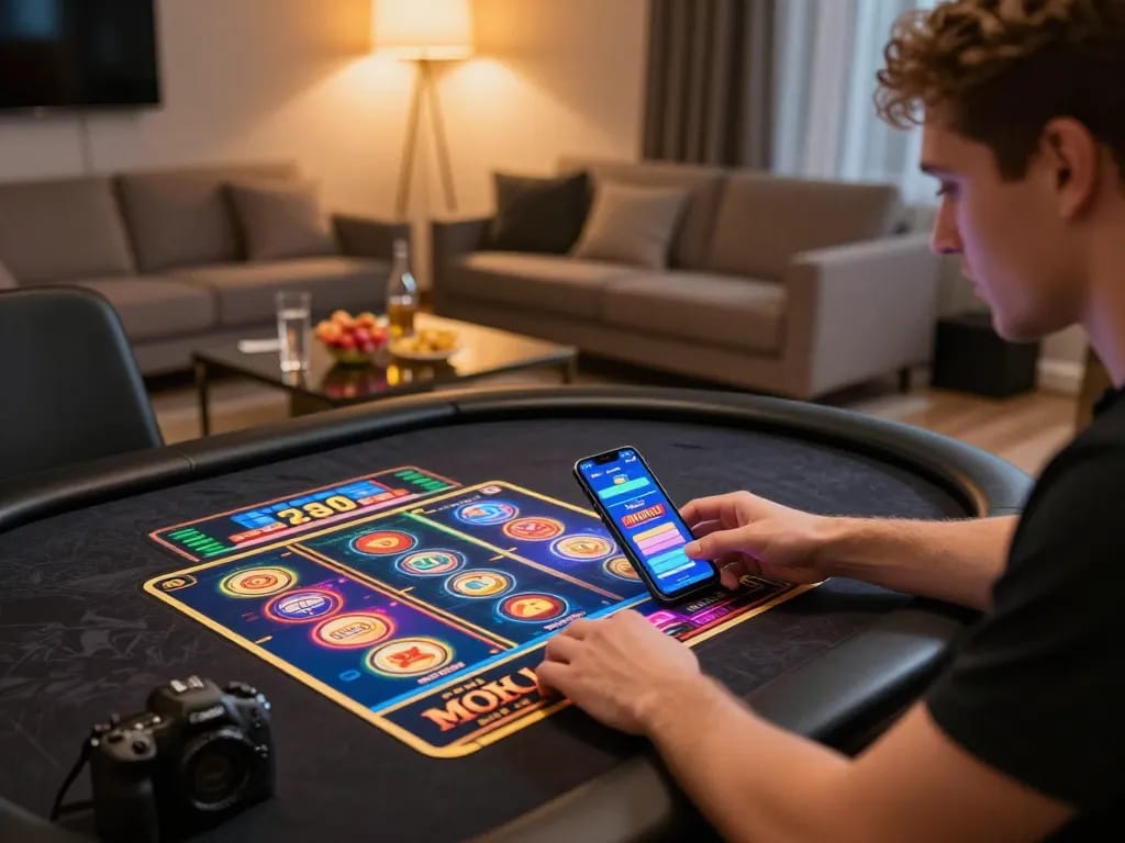 Engaging in strategic gameplay with Nohu casino app on smartphone in a cozy home setting.