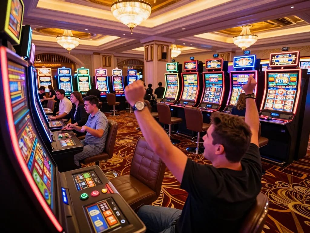 Players engaging with vibrant slot machines at rr88c, celebrating big wins in a festive casino atmosphere.