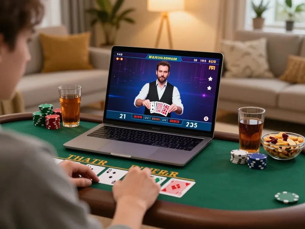 KJC player placing bets during live dealer blackjack at home, creating an engaging and inviting atmosphere.