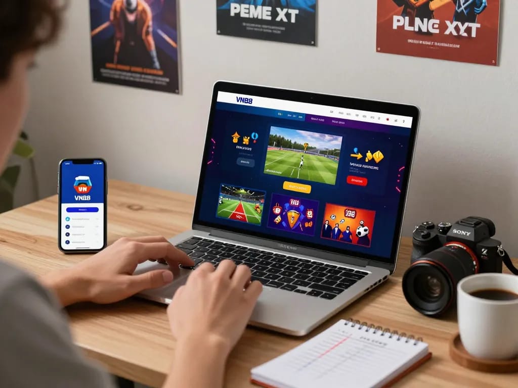 Engaging VN88 online betting scene with gaming icons and sports graphics in a modern workspace.