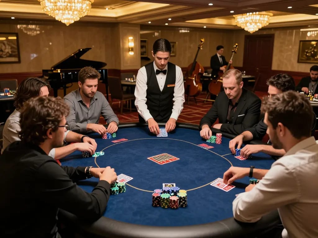 Players strategizing at a high-stakes poker table at Nhà cái F168 casino, showcasing intense focus and vibrant atmosphere.