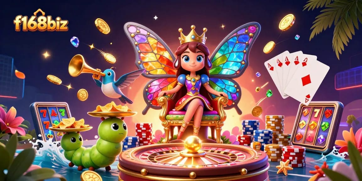 Win exciting prizes with f168biz in a vibrant, dynamic casino scene filled with colorful elements.