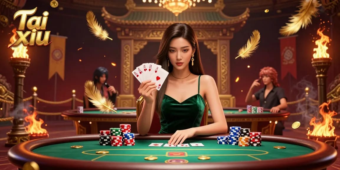 Experience Tai xiu excitement at a luxurious casino table with a beautiful woman showing her winning cards.