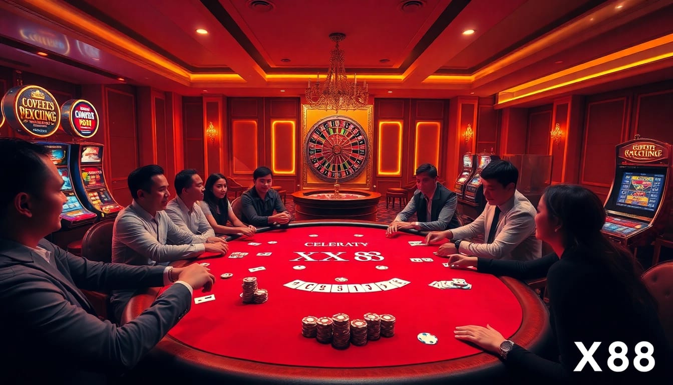 Players enjoying a thrilling poker game at the XX88 casino, showcasing vibrant poker chips and cards.
