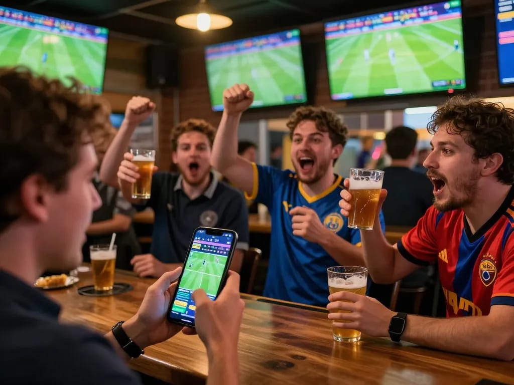 Excited fans engaging in sports betting on 7m-7m app in a lively sports bar atmosphere