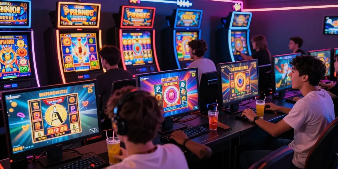 Slot gacor: Pemain slot online antusias dengan berbagai mesin slot berwarna-warni dan suasana penuh semangat.