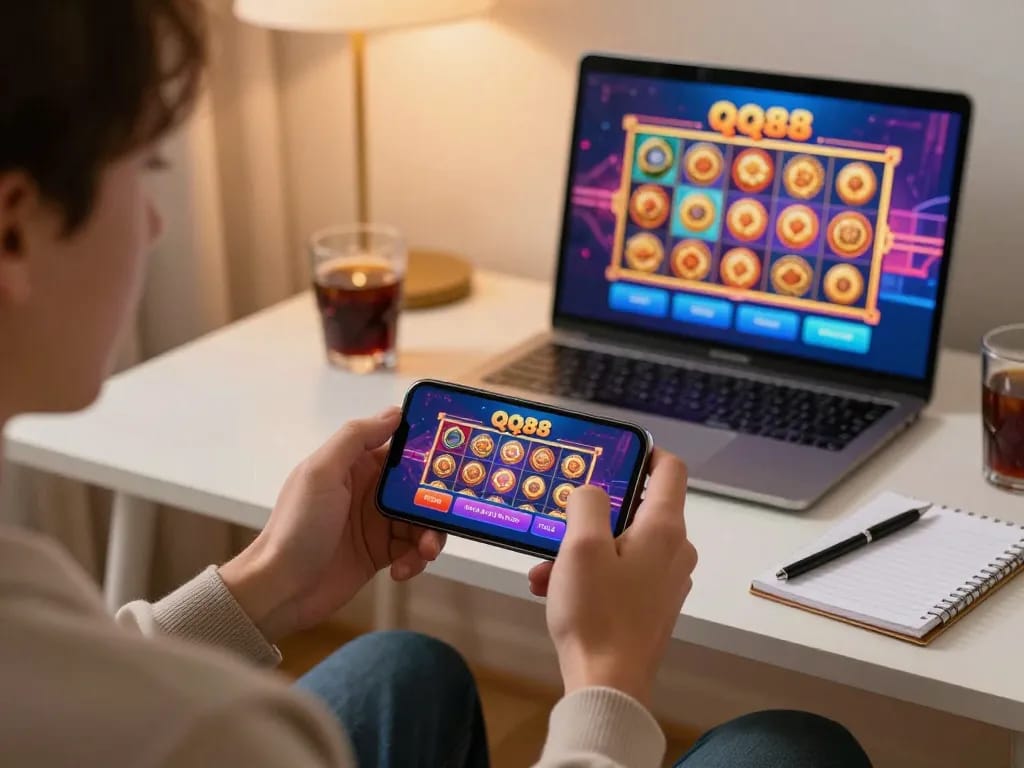 Using the qq88 link mới app for mobile gambling on a smartphone in a cozy setting.