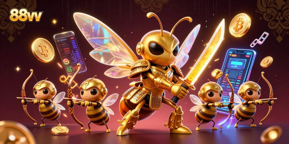 Engage with the impressive 88vv casino realm featuring a golden hornet and crypto elements.