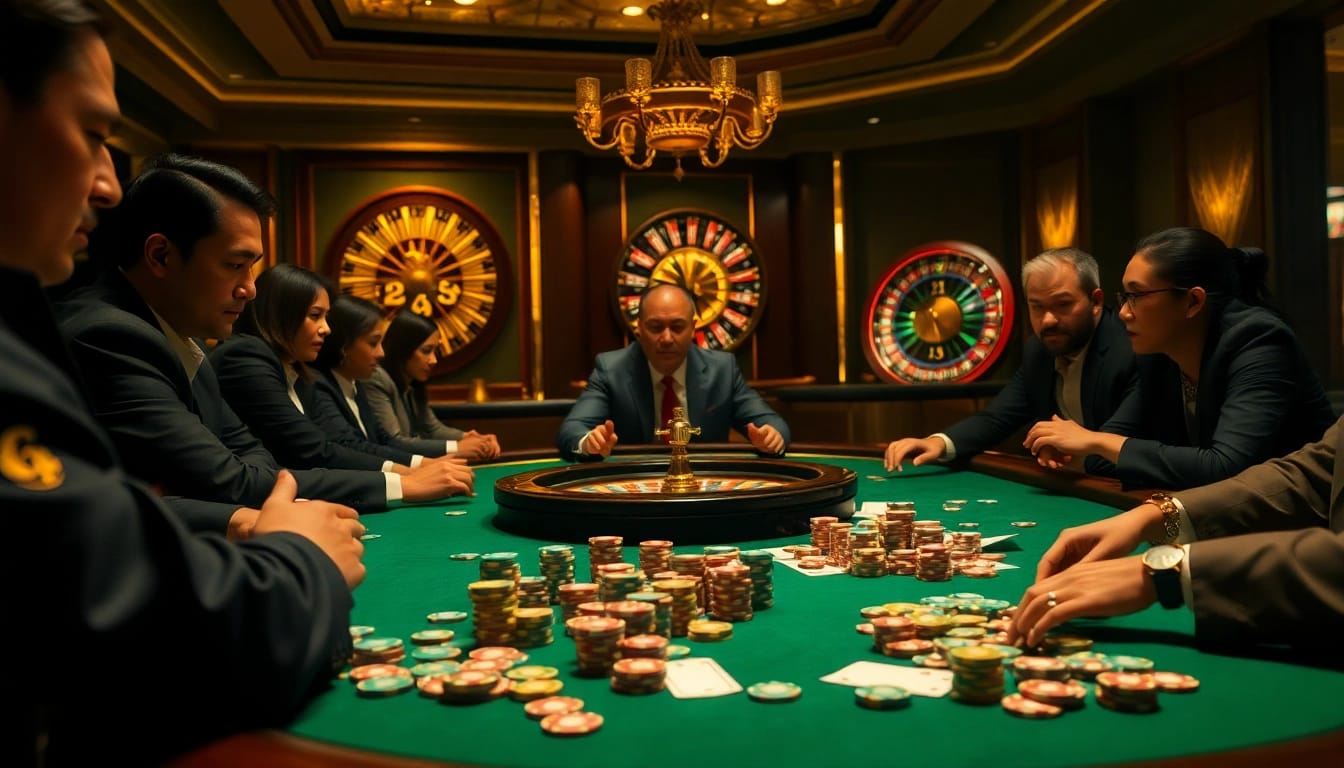 Engaged players strategizing over a poker table, capturing the essence of bạch thủ lô kép in an upscale casino.