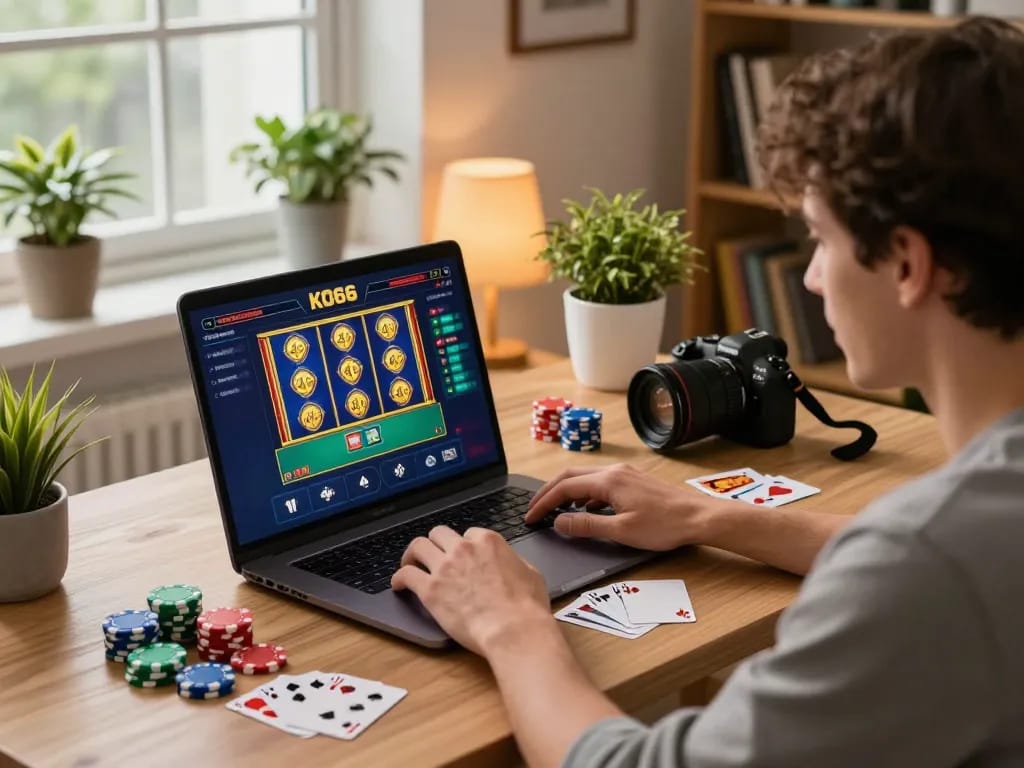 Người chơi tương tác với ứng dụng casino KO66 trên laptop trong một không gian làm việc tại nhà ấm cúng