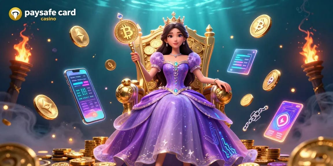 Erleben Sie sichere Einzahlungen in einem Paysafe Card Casino, das lebendige Visualisierungen von Kryptowährung und aufregenden Spielelementen zeigt.