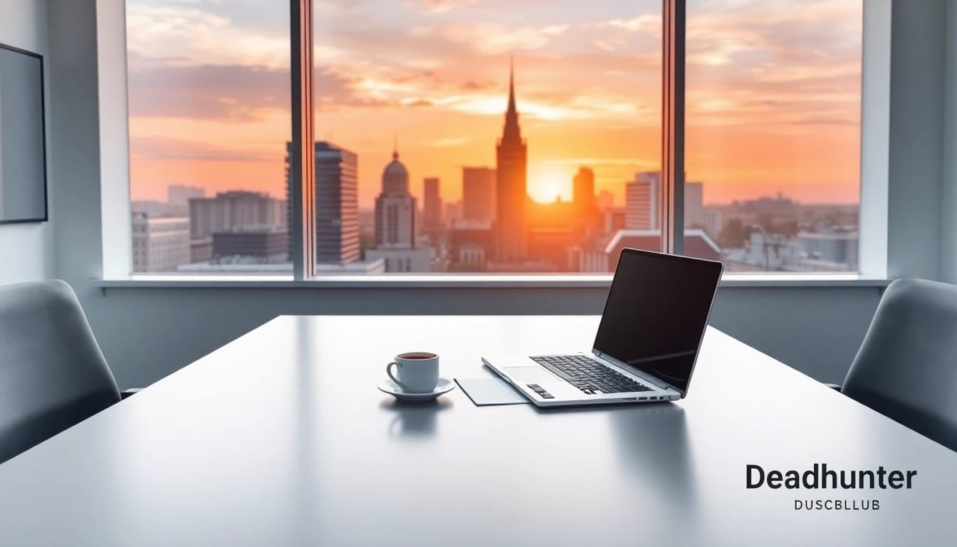 Professionelles Büro-Szenario mit Stadtansicht Düsseldorf, das die Arbeit eines Headhunter Düsseldorf widerspiegelt.