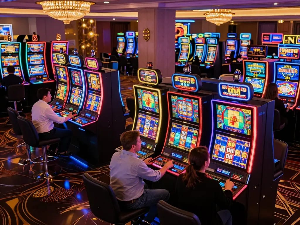 Engaged players enjoying thrilling gameplay at gamedoithuong88 vibrant slot machines in a glamorous casino.