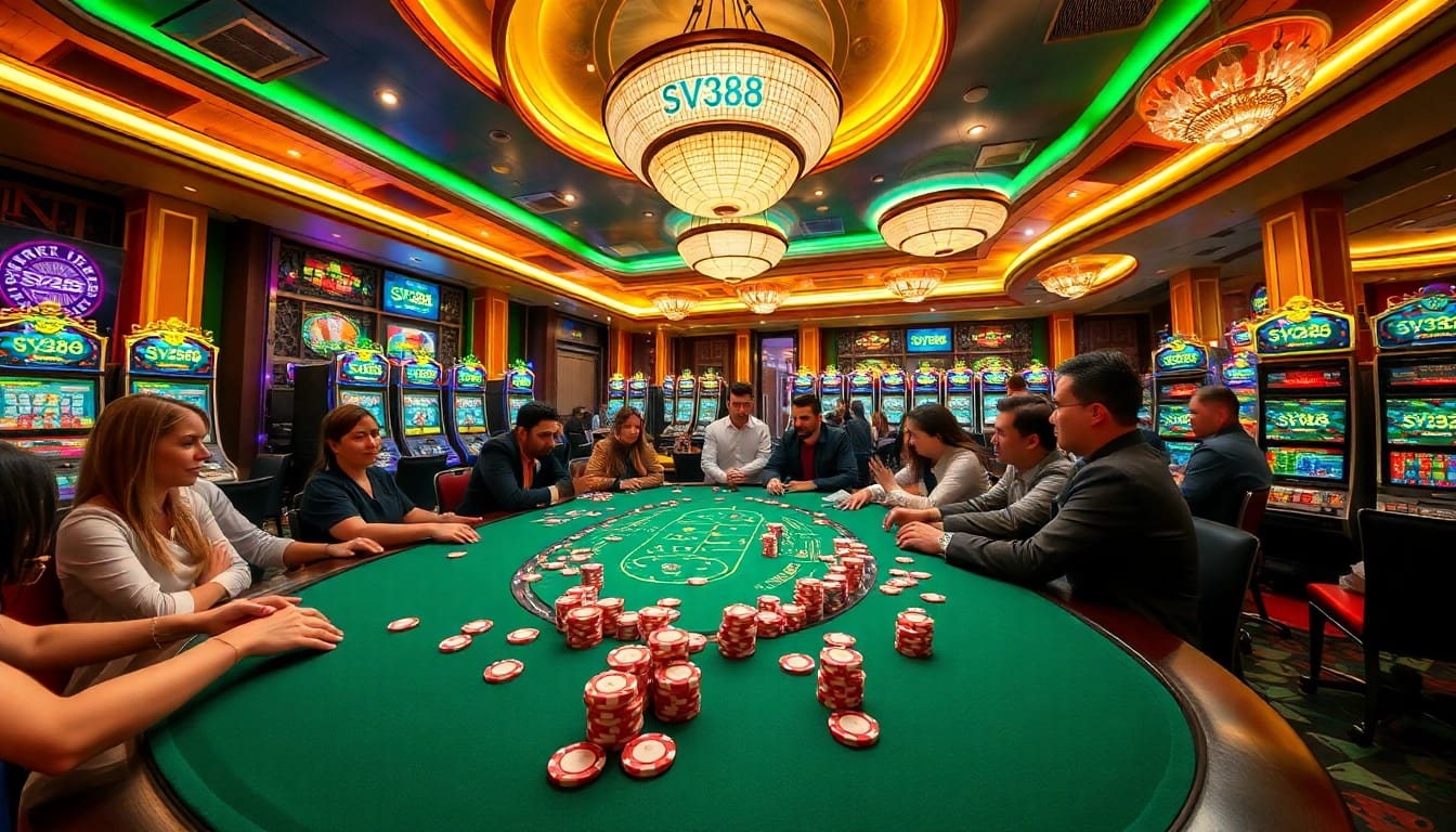 Players enjoying poker at a luxurious casino with SV388 branding, capturing the thrill of gambling.