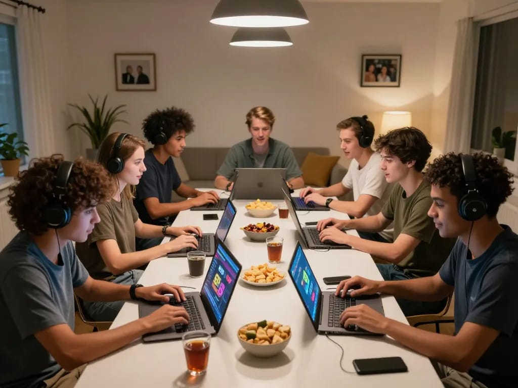 Celebrating exciting gameplay on bet 88 with friends at home, showing laptops and tablets in a cozy, vibrant atmosphere
