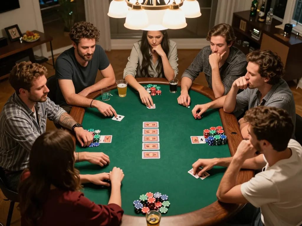 Engaged players analyzing their hands in a home poker game night, showcasing the importance of strategy with the KI Detektor deutsch concept as background.