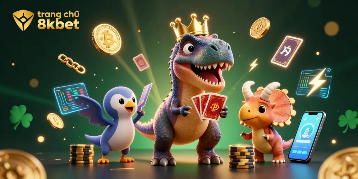 Experience the fun of trang chủ 8xbet with animated dinosaurs shuffling cards and stacking chips in a vibrant casino setting.