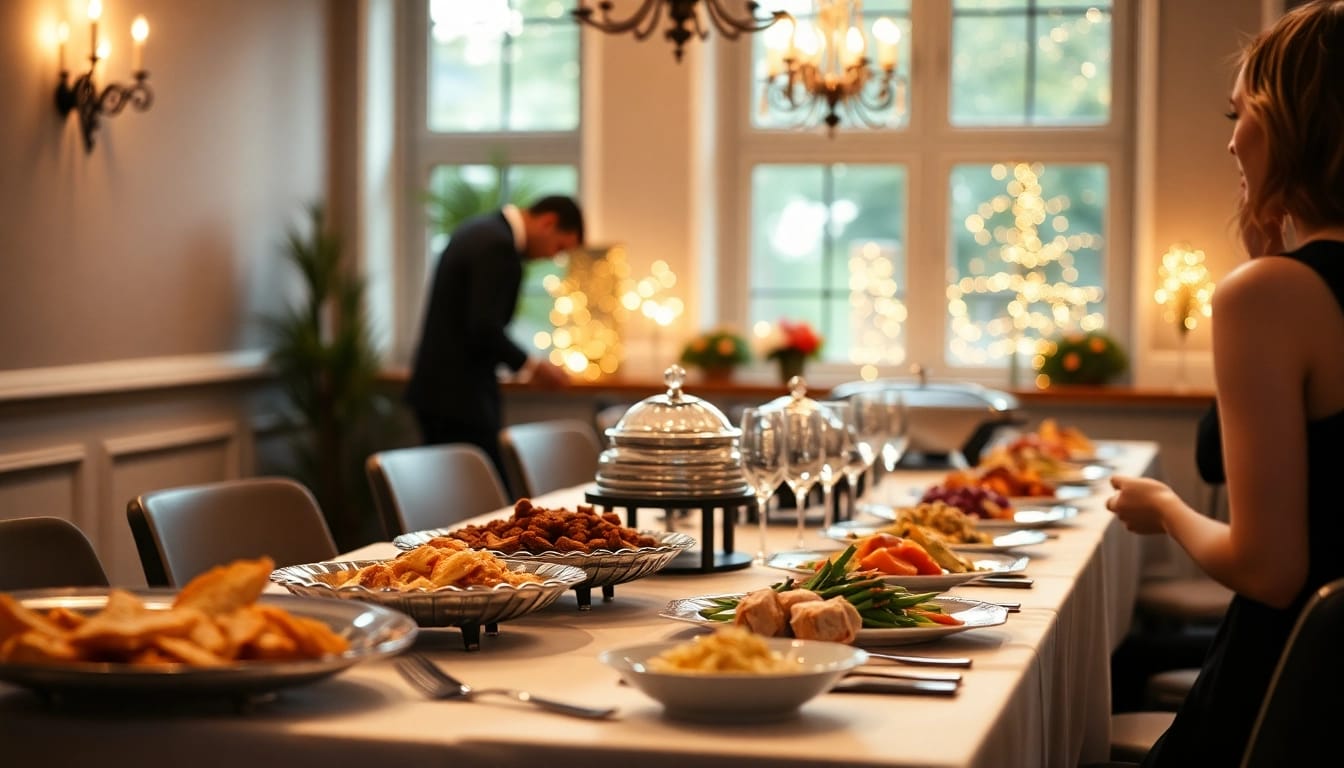 Catering: Servieren von köstlichen Speisen auf elegant gedecktem Tisch mit warmen Licht für Veranstaltungen.