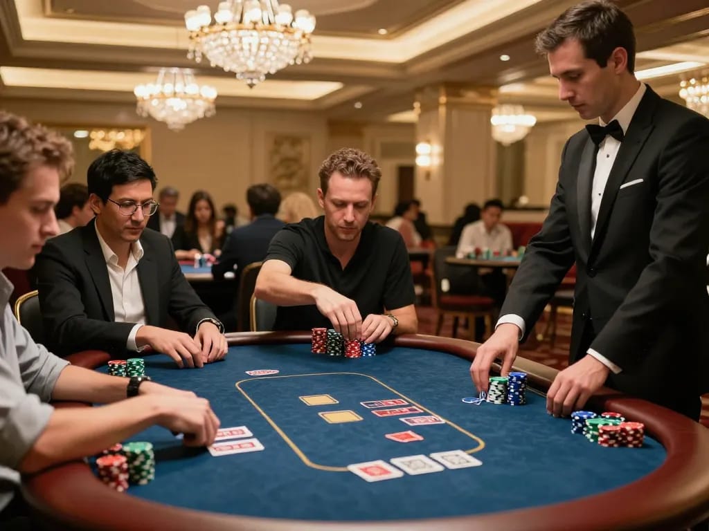 Players engaged in an intense game at a sun win poker table in a luxurious casino atmosphere