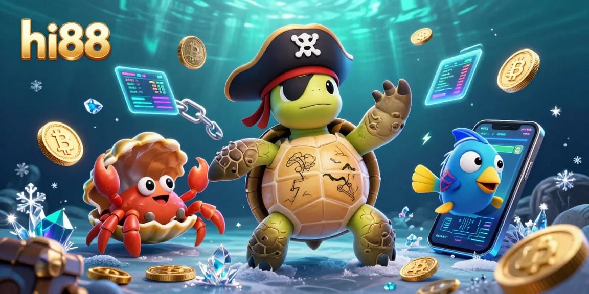 hi88 showcases vibrant underwater casino elements with pirate turtle and treasure for engaging betting fun.