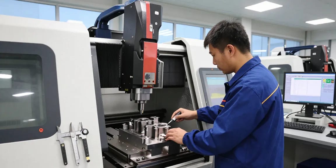 CNC-Bearbeitung in einer modernen Werkstatt mit einem Techniker, der präzise Metallteile herstellt.