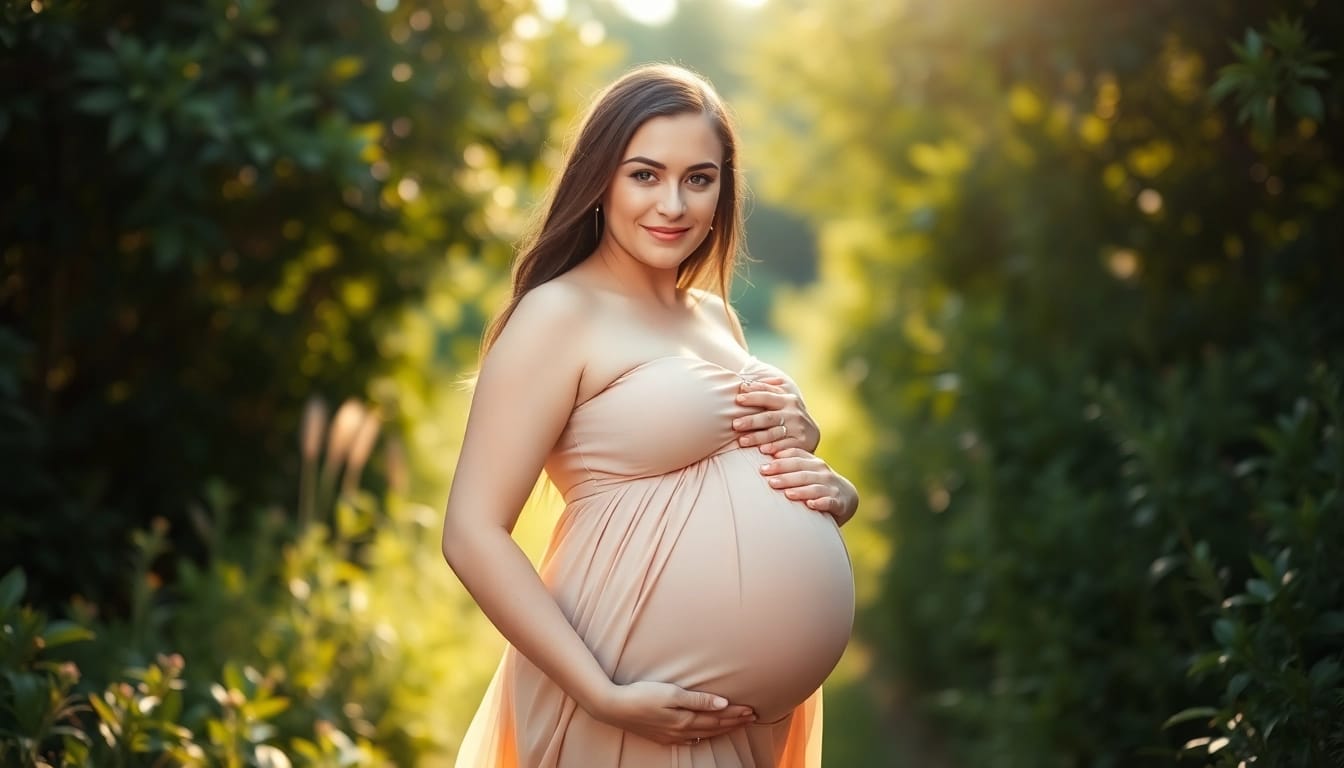 Schwangerschaftsfotografie zeigt eine werdende Mutter im Freien, umgeben von Natur.