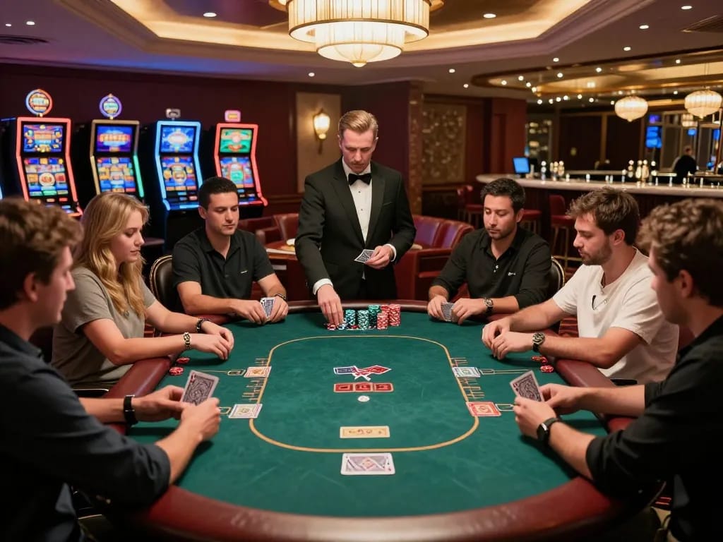 VA88 poker players strategizing bets at an upscale casino table under warm ambient lighting