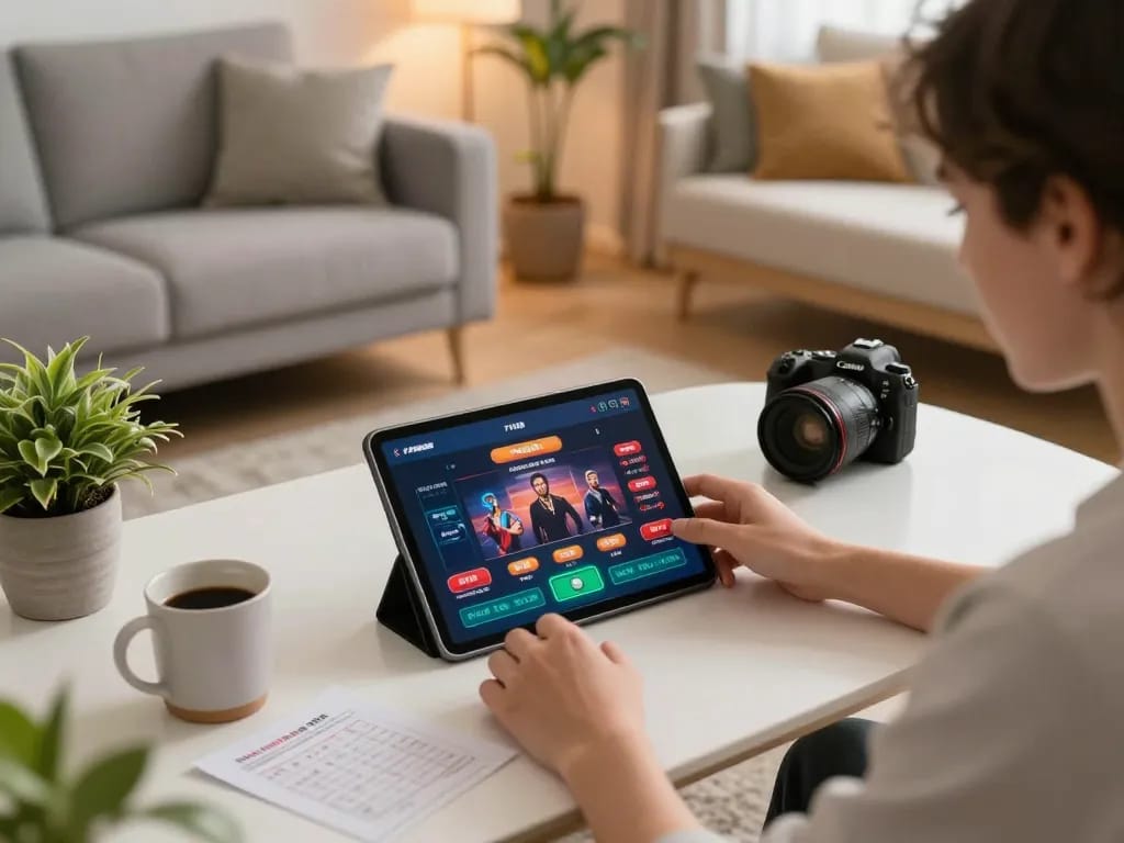Player engaging with the F168 casino app on a tablet at home, showcasing strategic online gambling.