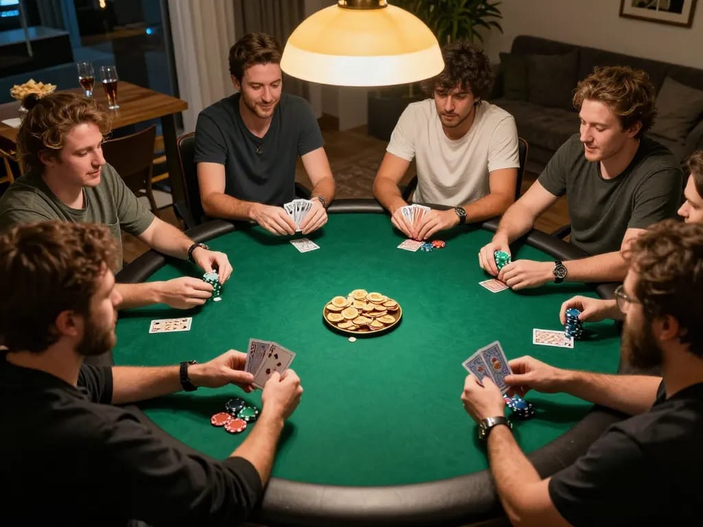bsport players engaging in friendly poker night with chips and cards at a social table.