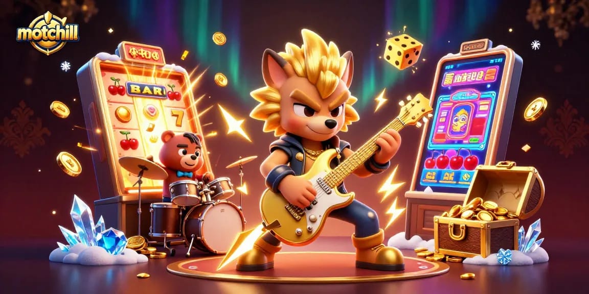 Experience the excitement of motchill with rock star characters in a vibrant casino scene.