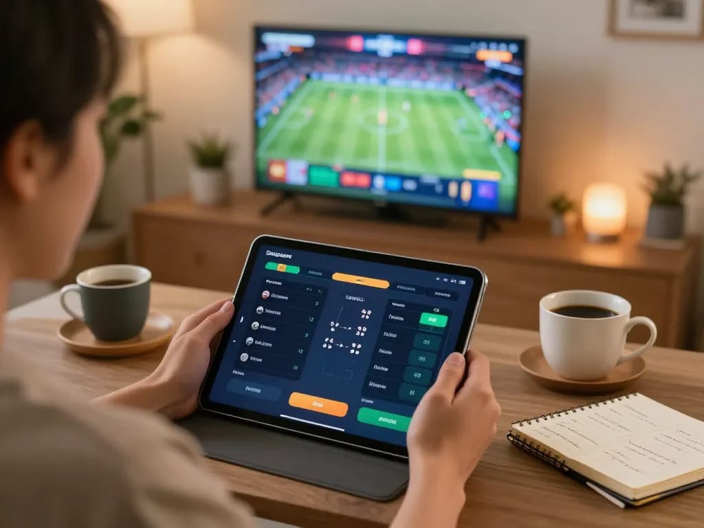Engaging in MK8 sports betting from home, showcasing modern tablet interface and cozy atmosphere.
